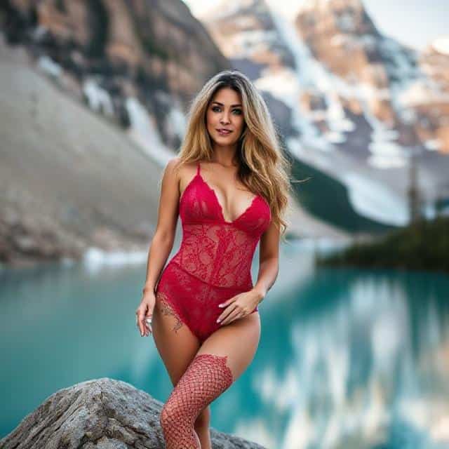 Lingerie-clad woman posing outdoors near mountain lake for escort services promotion.